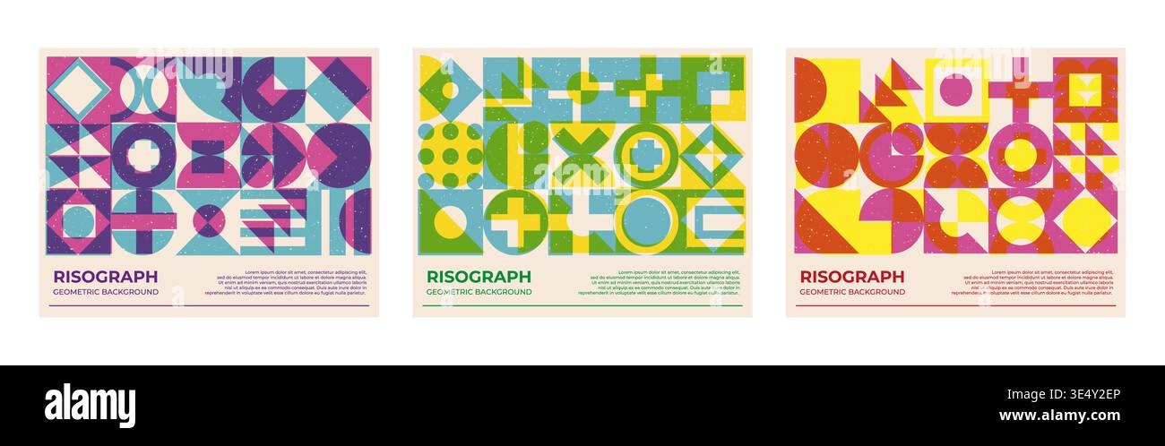 Abstract geometric shapes pattern risograph style with grain texture Stock Vector