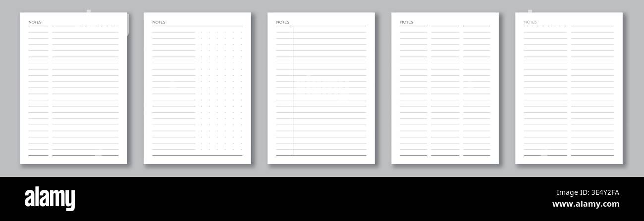 Notebook paper collection. A4 format sheets with lines and dots. Notes template Stock Vector