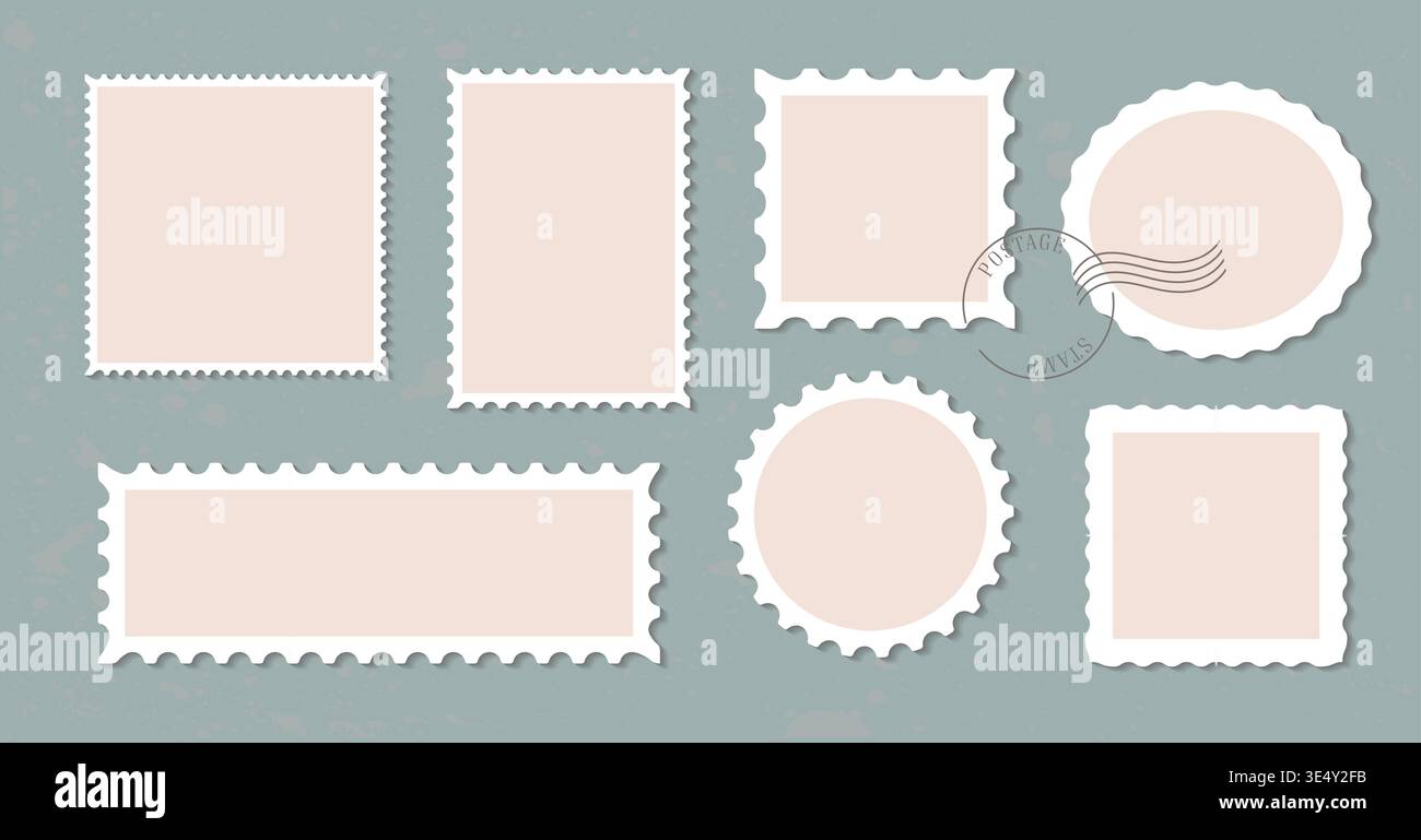 Postage stamp blank vector template collection. Mockup letter elements for postal correspondence design. Perforated edges rectangular, square circulal Stock Vector