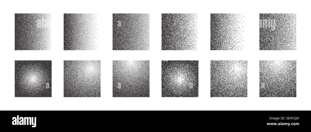 Grainy gradient shape collection. Dotwork noise square set. Stock Vector