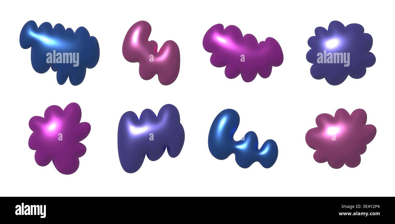 3d metallic doodle vector shapes. Trendy render chrome decoration elements Stock Vector