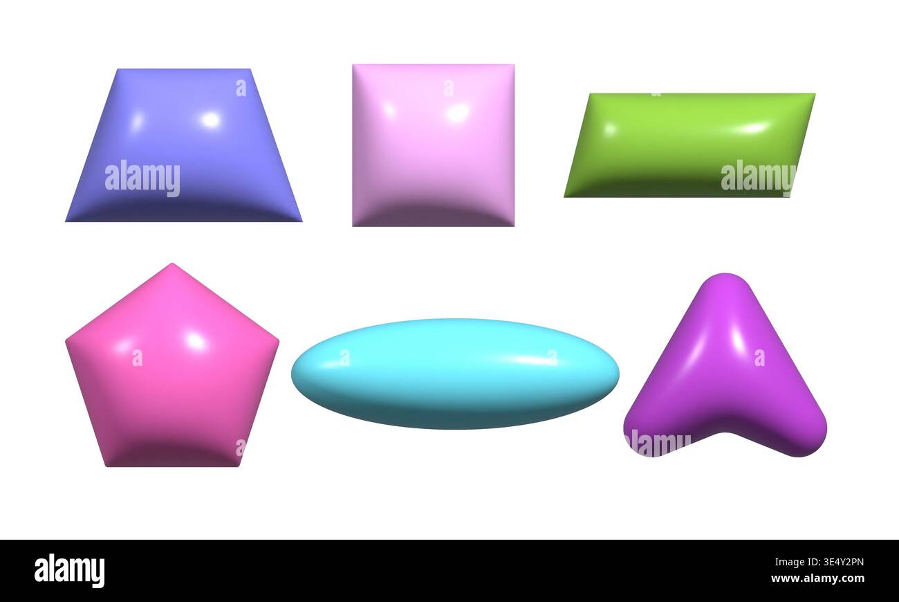 Trendy 3d inflated shapes collection. Plastic render effect vector doodle form set. Stock Vector