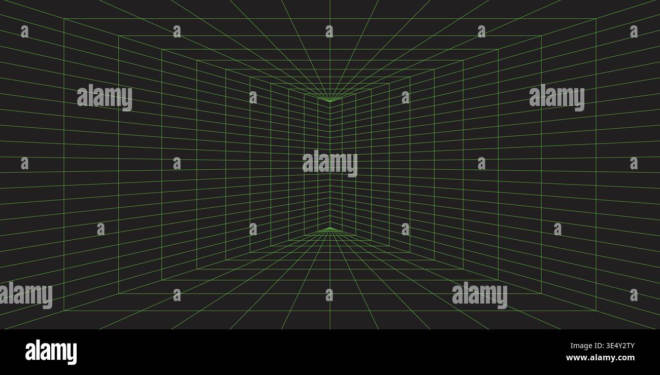 3D green wireframe. Perspective lines room. Digital background with vector grid Stock Vector