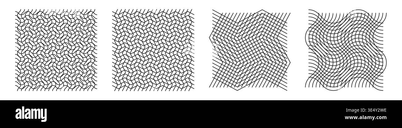 Checkered grid set. Distorted line meshes. Abstract deformed warp Stock Vector