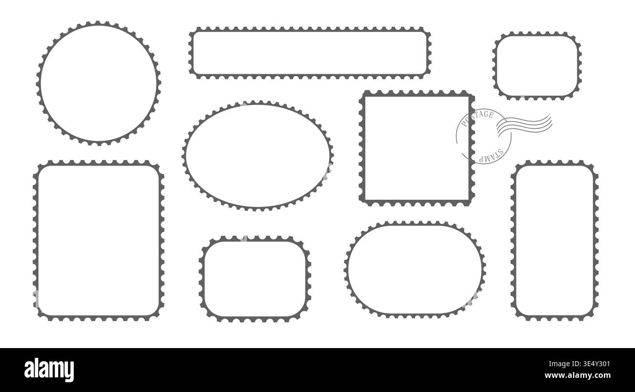 Postage stamp blank vector template collection. Mockup letter elements for postal correspondence design. Perforated edges rectangular, square circulal Stock Vector