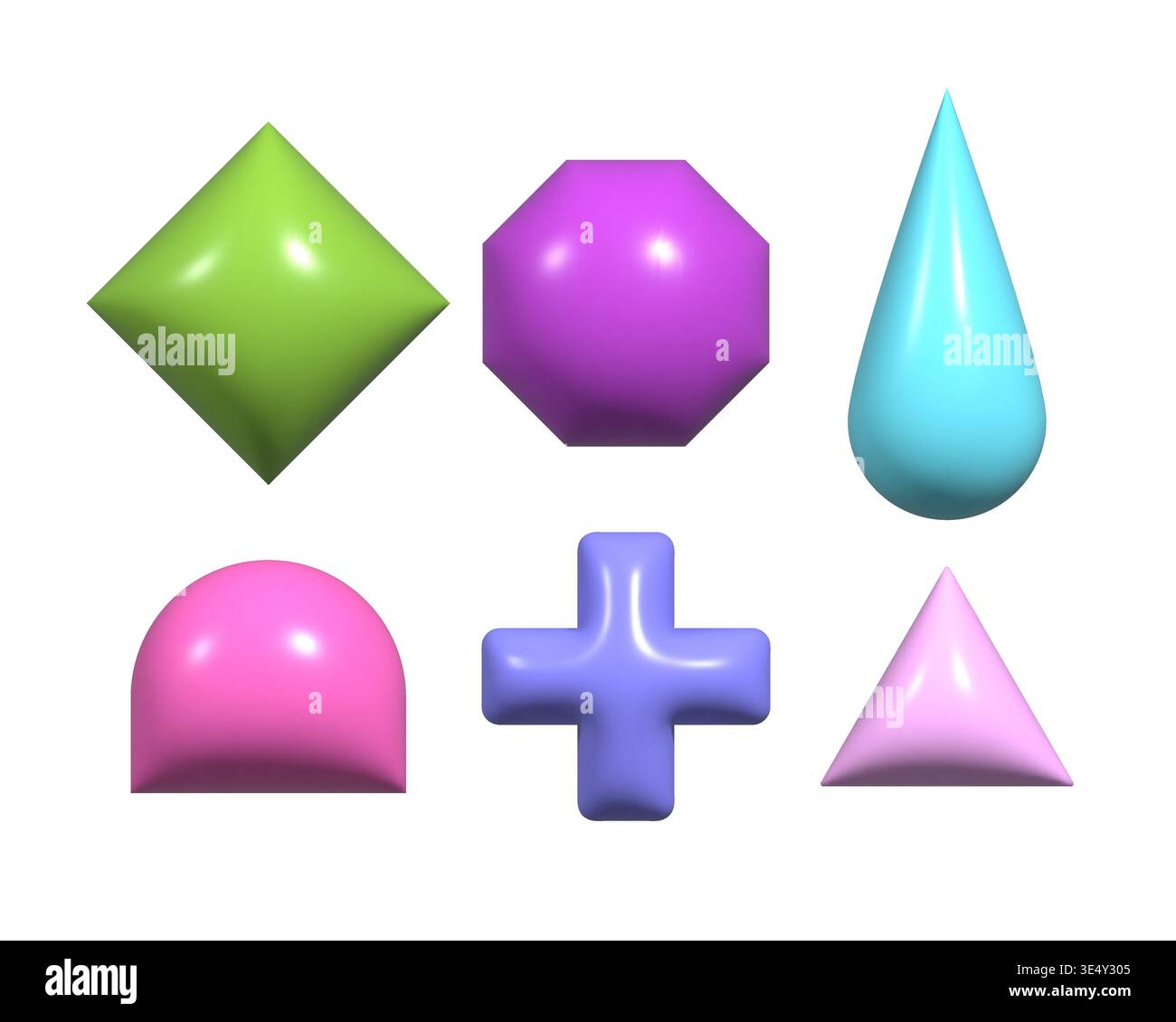 Trendy 3d inflated shapes collection. Plastic render effect vector doodle form set. Stock Vector