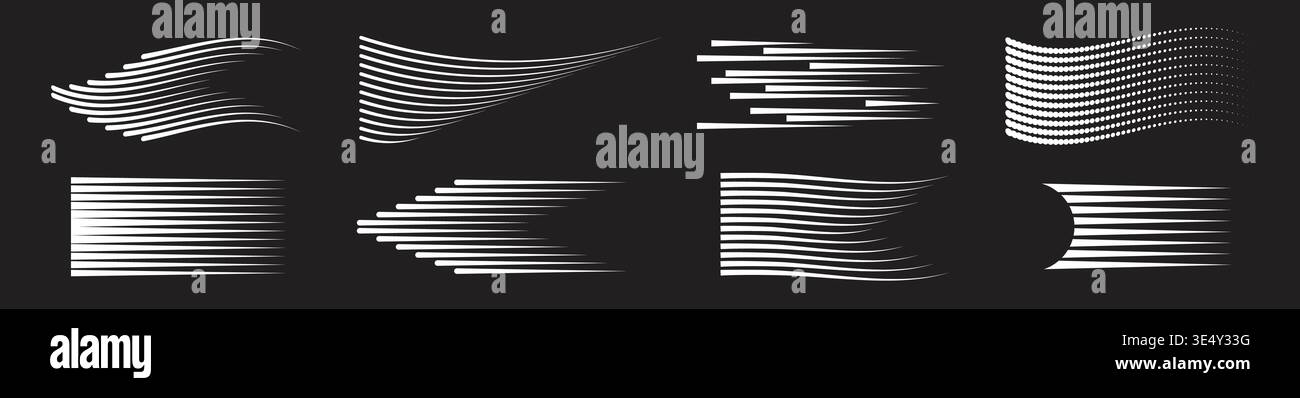 Speed lines set. Motion effect, white lines on black background Stock Vector