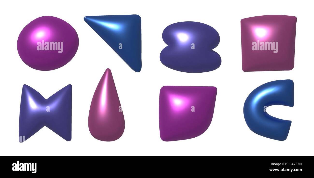 3d metallic doodle vector shapes. Trendy render chrome decoration elements Stock Vector