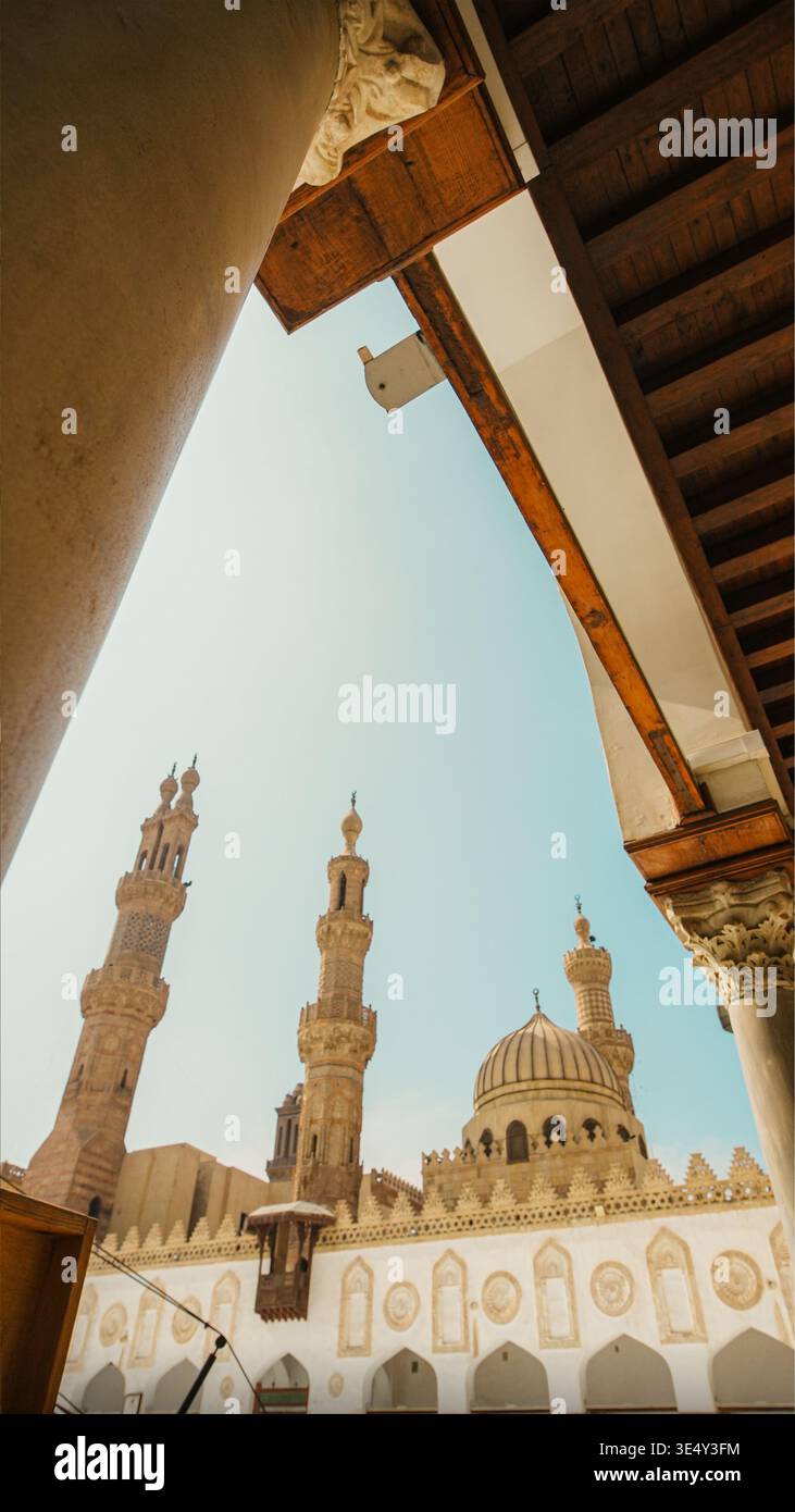 the beautiful ancient view of al azhar mosque with minaret and dome at ...