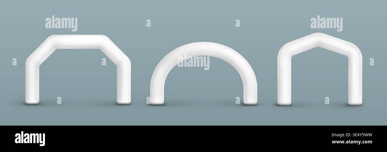 White inflatable arches for marathon finish line. 3D realistic vector gate mockup with blank advertising space isolated on background. Professional race event entrance for sports competitions. Stock Vector