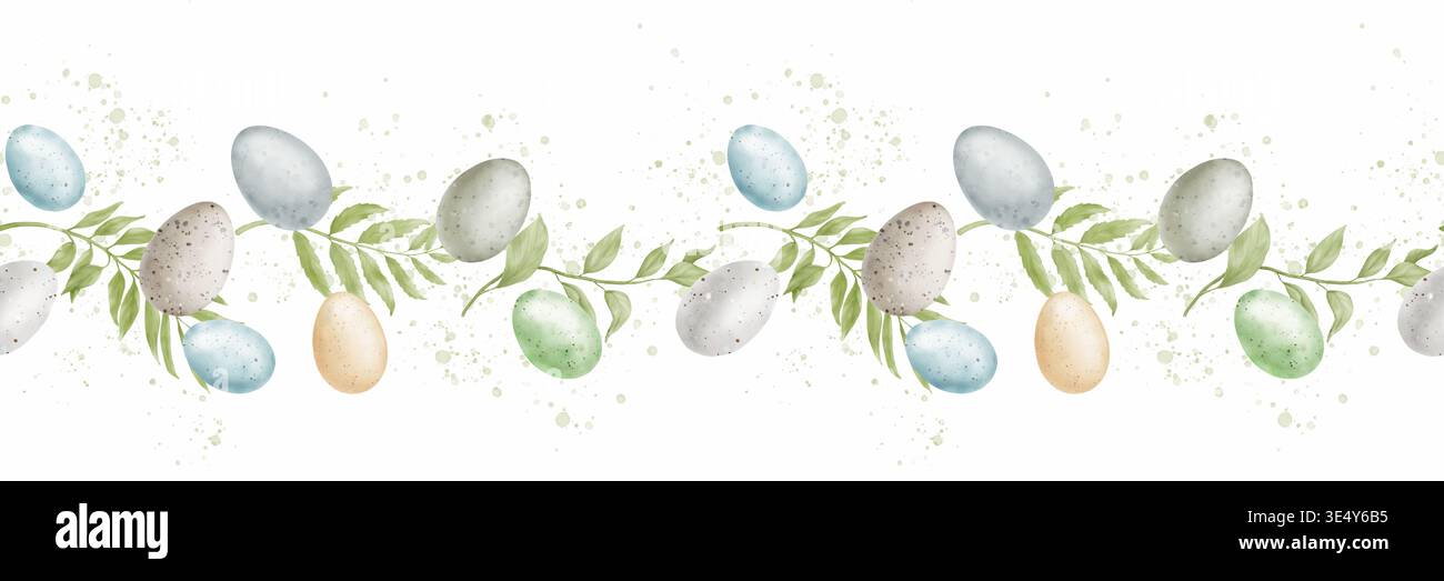 Easter eggs and willow sprigs with green leaves. Watercolor ...