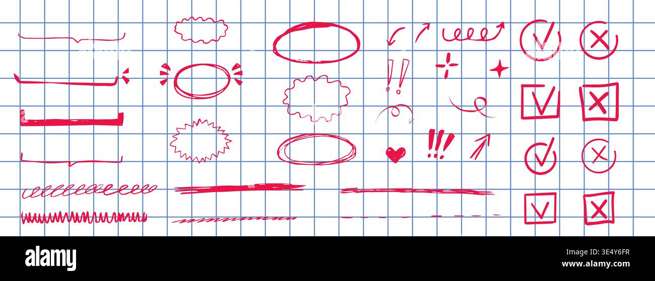 Check mark doodle, red pen underline and border frames icon set ...