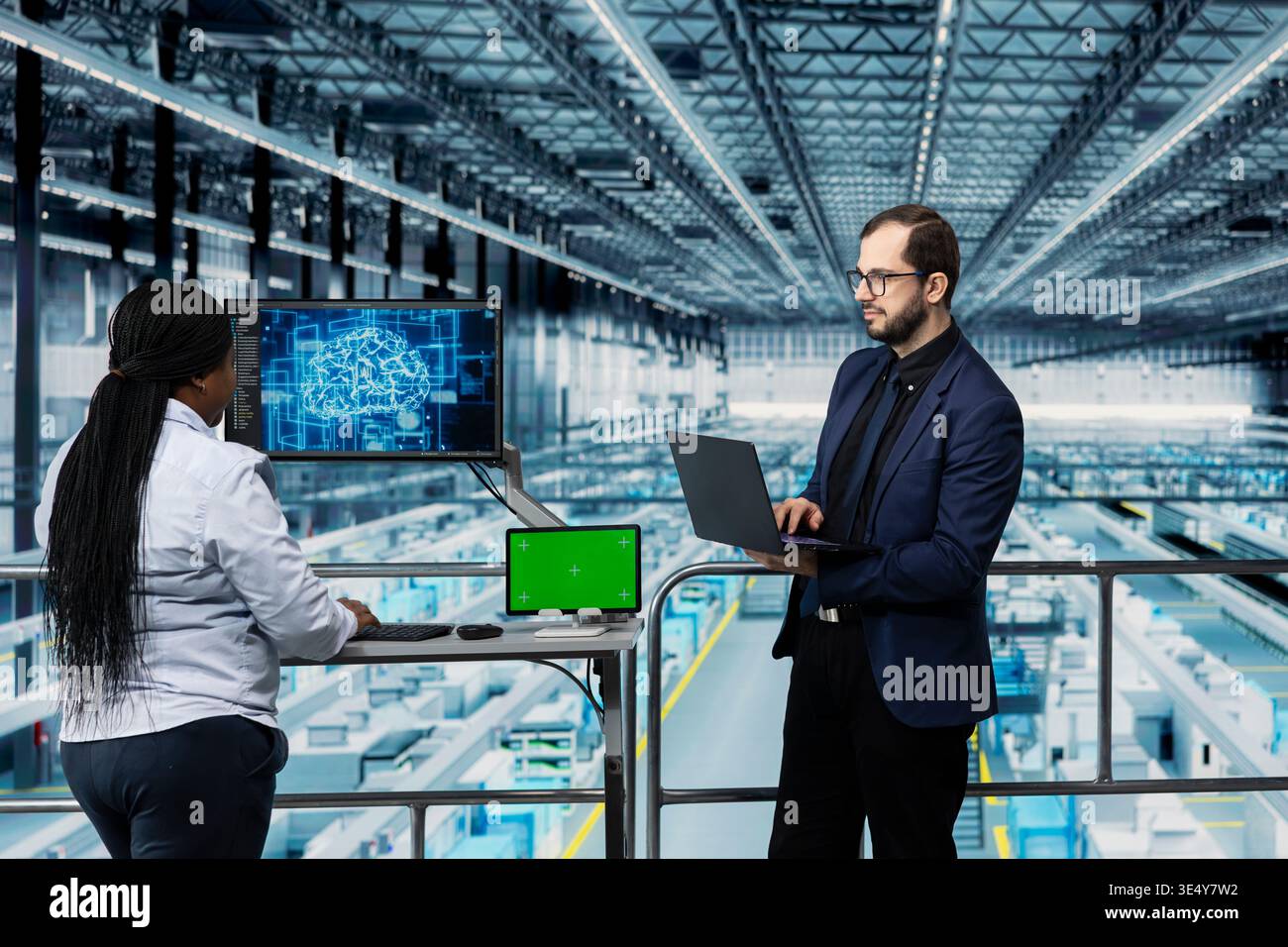 Green screen tablet and AI used by microchip factory managers to manage ...