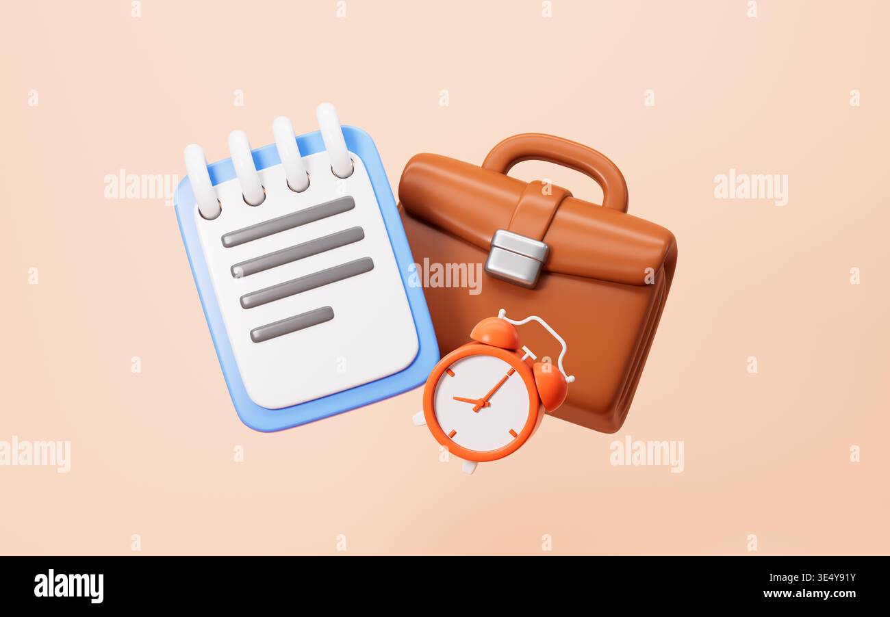 Cartoon briefcase, memorandum and alarm clock in the orange background. Metaphors for concepts such as time pressure, deadlines, etc. 3d rendering. 3d Stock Photo