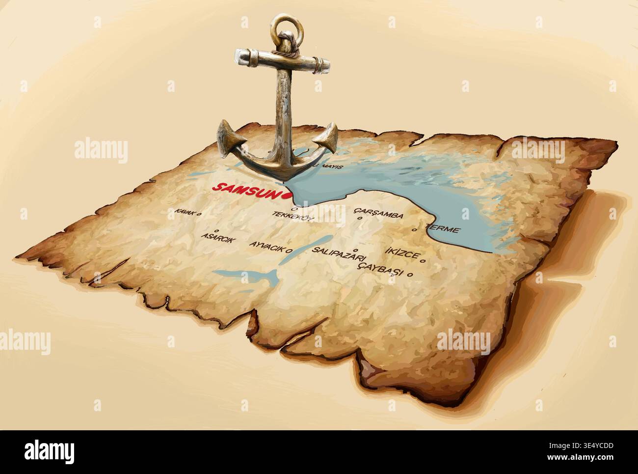 An anchor pointing to Samsun on an old, torn map. A vector illustration prepared for May 19th. Stock Vector