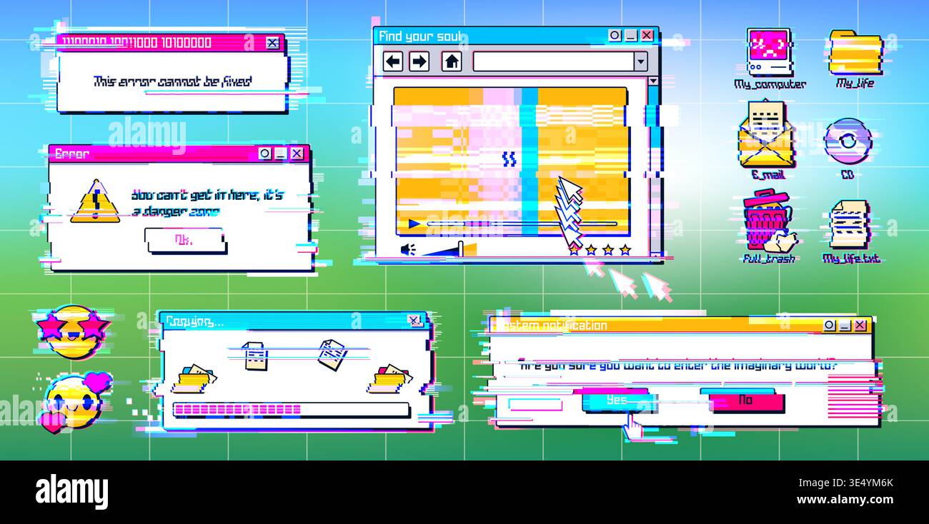 Y2K style glitch window with retro pixel error message. Digital system interface with classic 90s software design, internet icons, and nostalgic UI elements, vector illustration Stock Vector