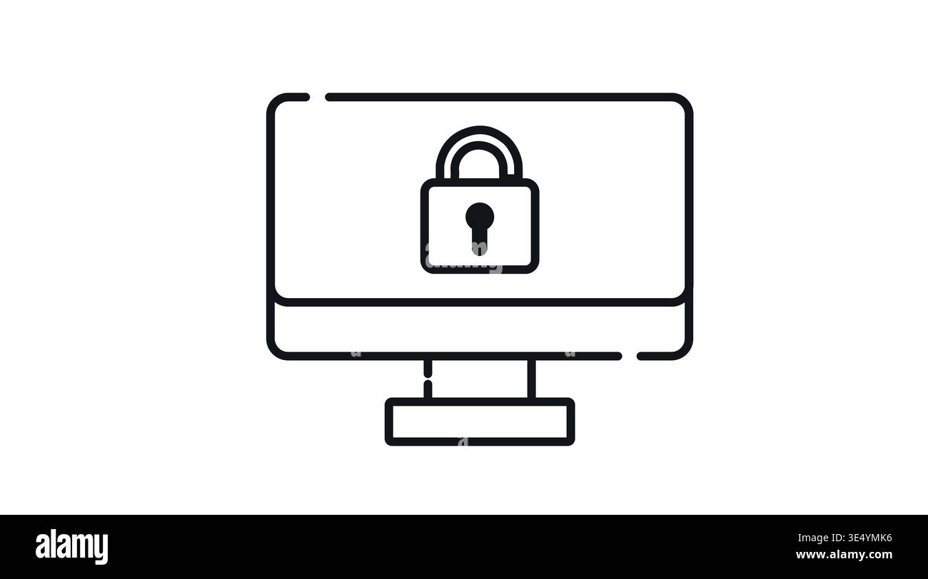 Desktop computer with padlock on screen icon, cyber security and data protection Stock Vector