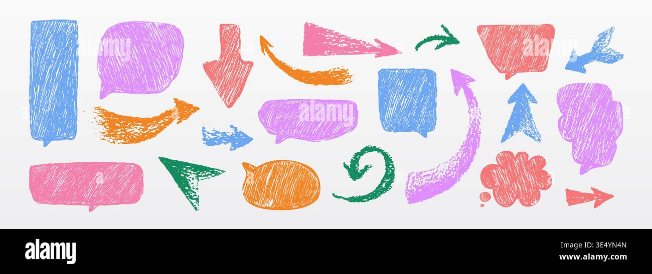 Colorful crayon texture speech bubbles, hand drawn thinking cloud shape and scribbles. Abstract vector graphics elements, dialog balloons, pencil spiral arrows for creative design projects. Stock Vector