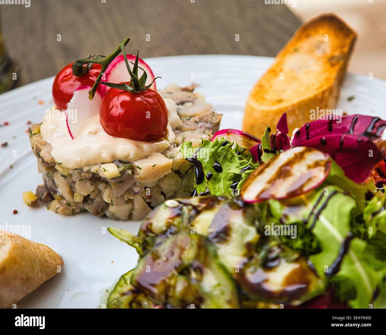 Gourmet-Vorspeise im Restaurant Herzoglicher Wartesaal in Heiligendamm mit Tatar, Wildkräutersalat und Baguette Stock Photo
