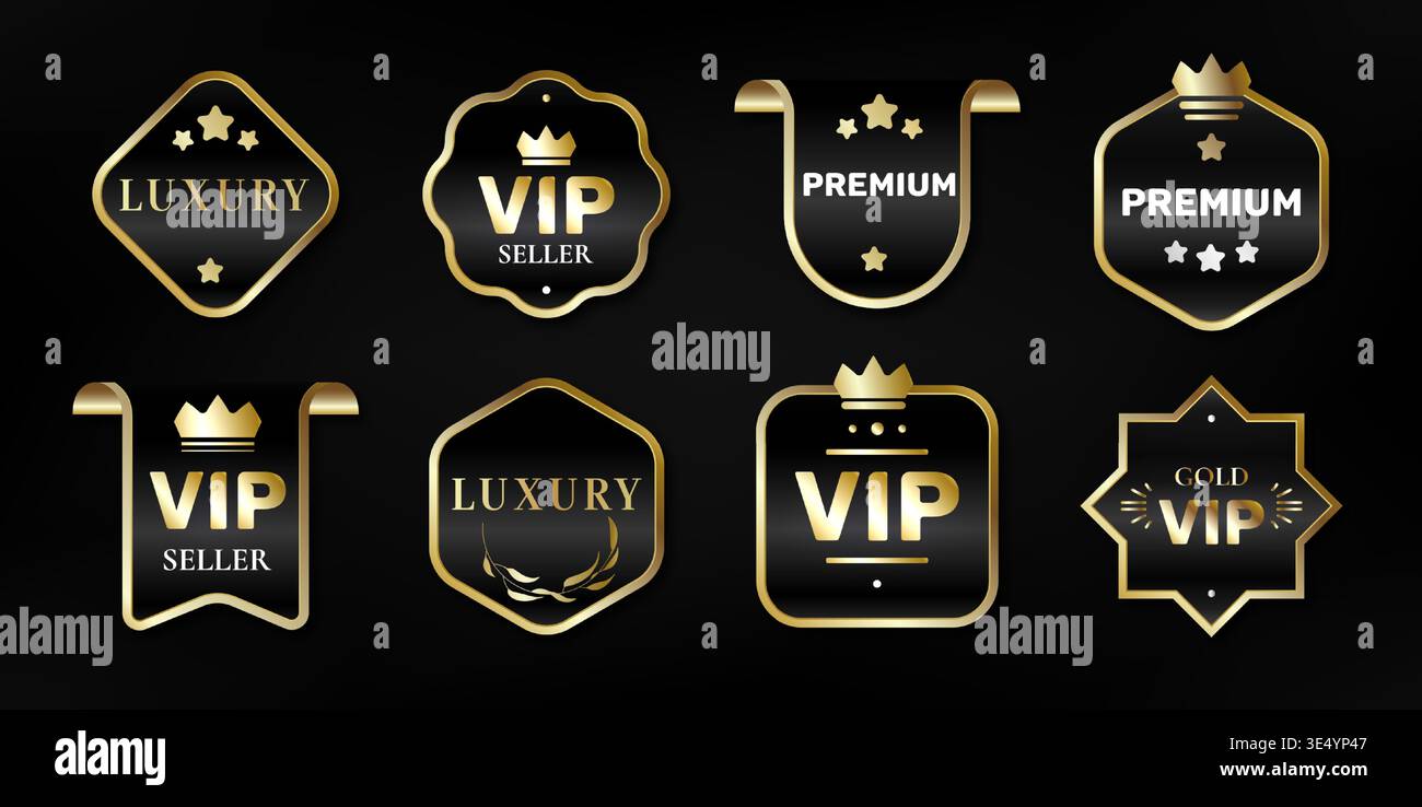 Premium black gold ribbon labels, luxury emblems, realistic vector icons isolated on background. Elegant golden banners, tags for VIP awards, certificates, exclusive promotions, seal badge frames Stock Vector