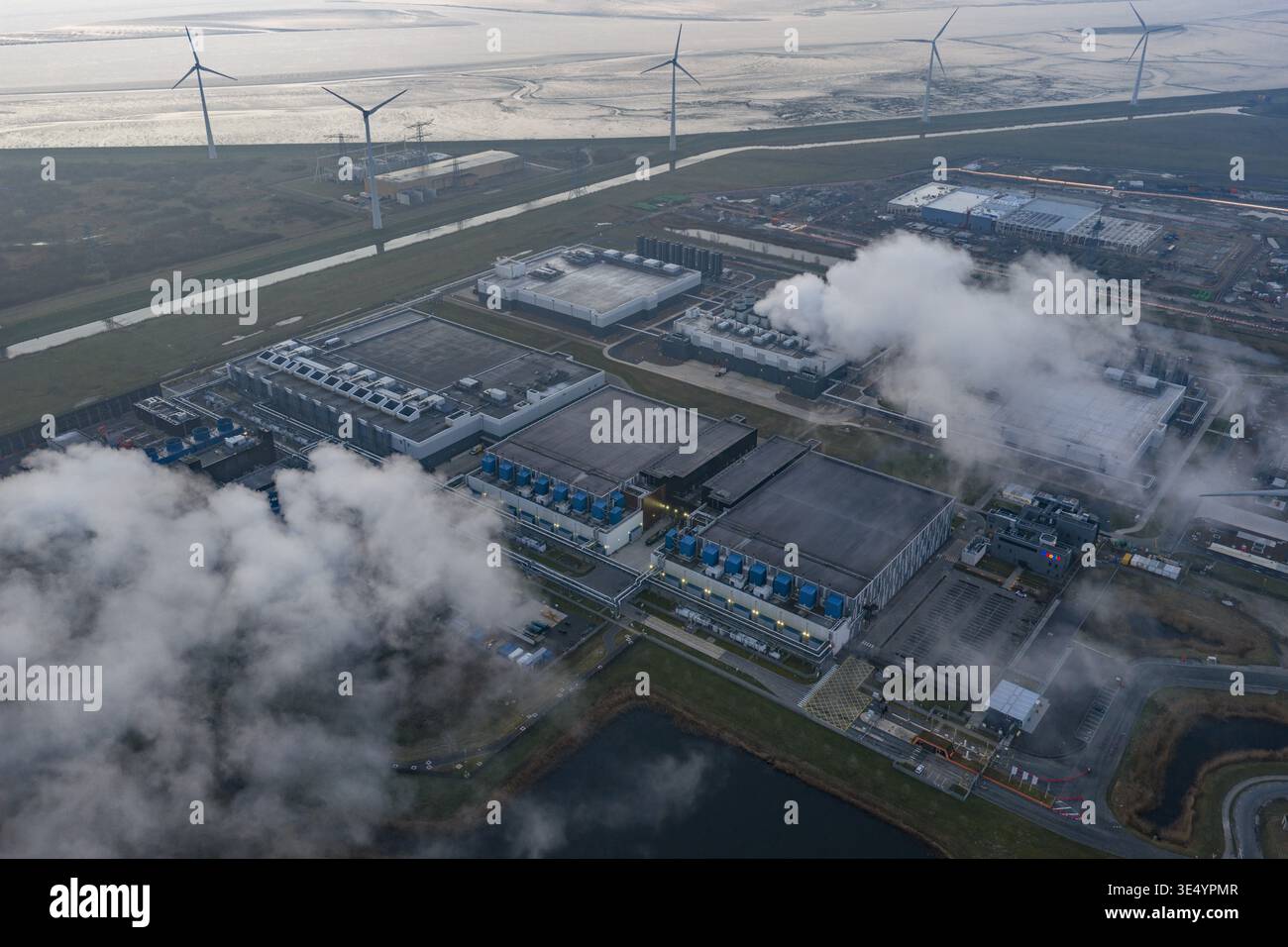 Aerial view of eemshaven data center processing information with ...