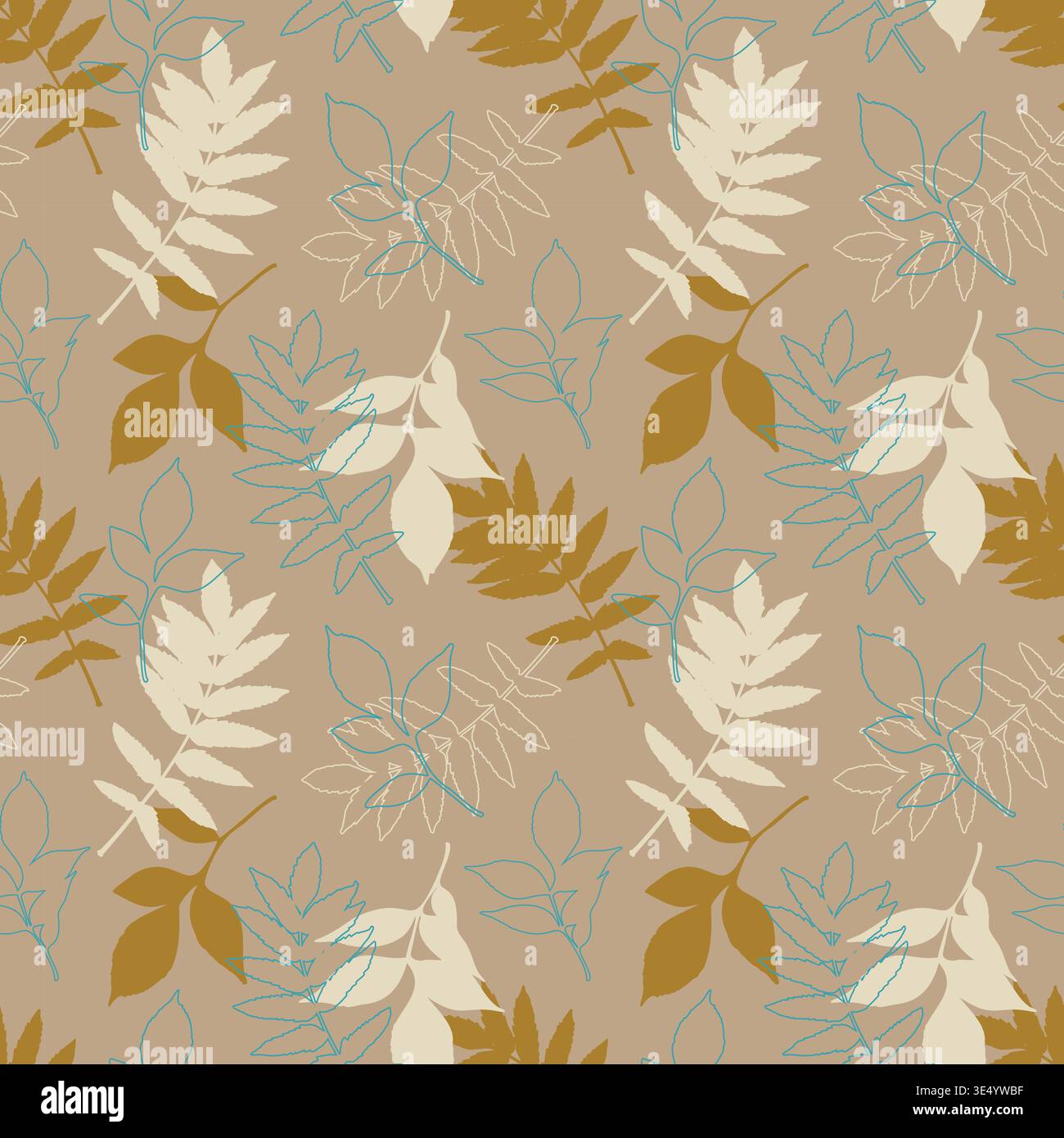 Scandinavian-style pattern with minimalist leaf silhouettes in ochre, cream, and teal line art on a beige background. Versatile botanical texture for home decor, textile design, and organic product packaging. Vector illustration Stock Vector