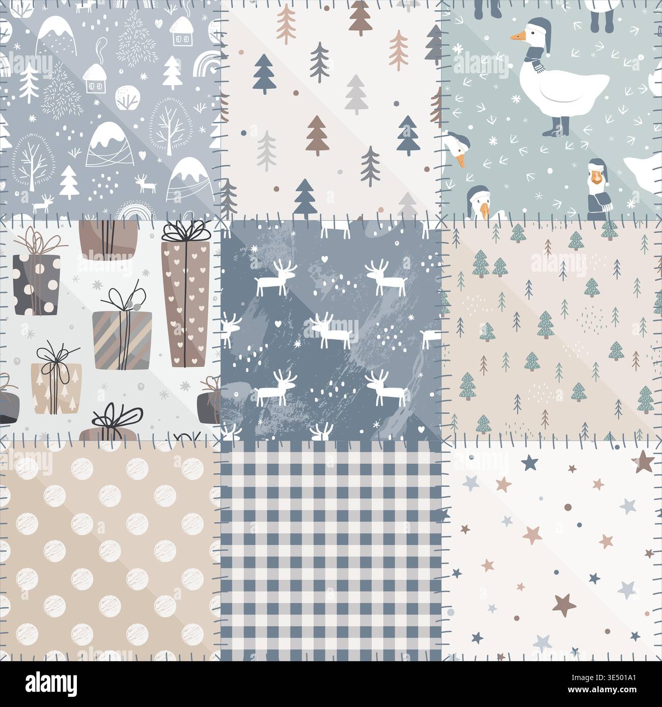 Baby Patchwork Christmas Quilt Doodle Design. Vector background. Cozy Winter Patch Work Texture. Rustic Duvet Design. Stock Vector