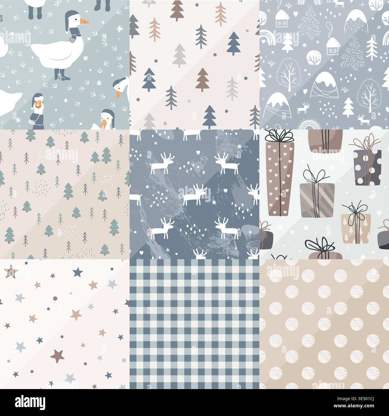 Baby Patchwork Christmas Quilt Doodle Design. Vector background. Cozy Winter Patch Work Texture. Rustic Duvet Design. Stock Vector
