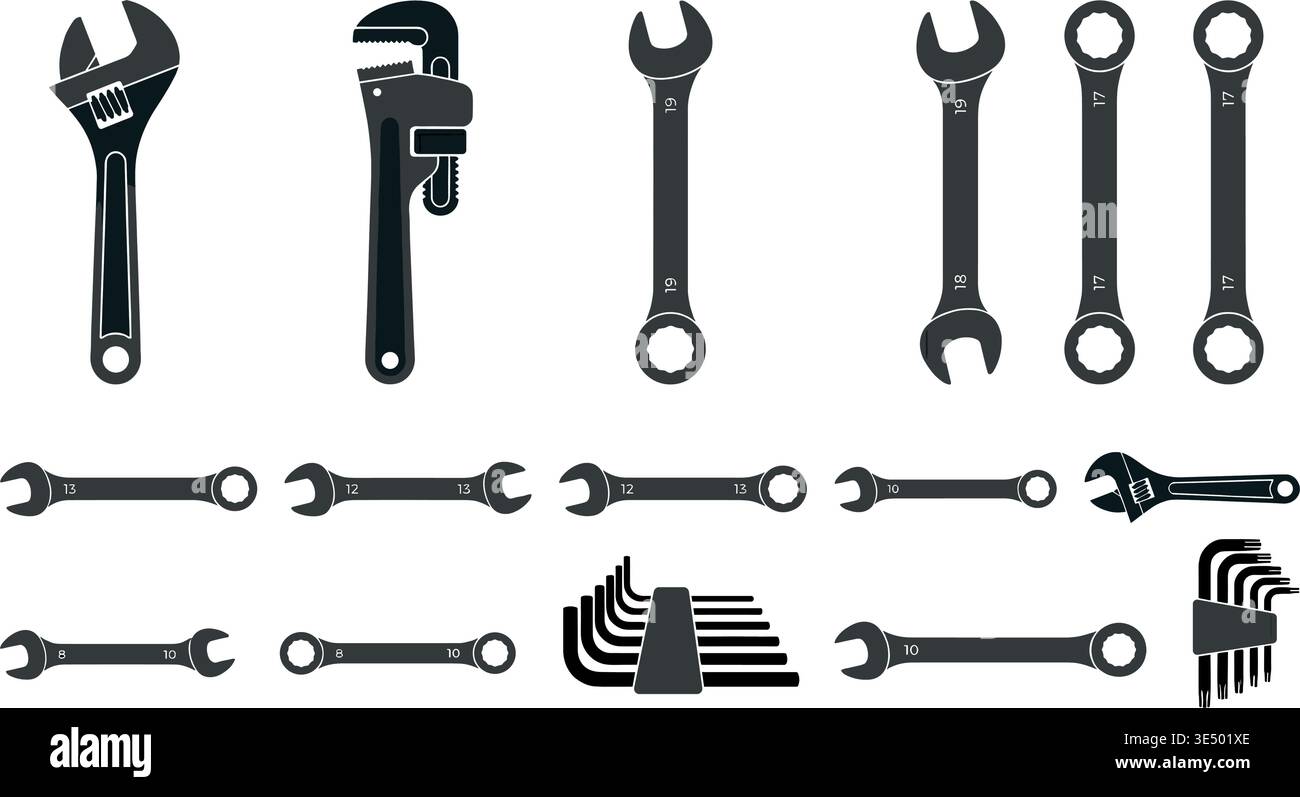 Various black silhouette hand tools and wrenches, including adjustable, pipe, combination, and hex keys, presented in a clean, graphic style Stock Vector