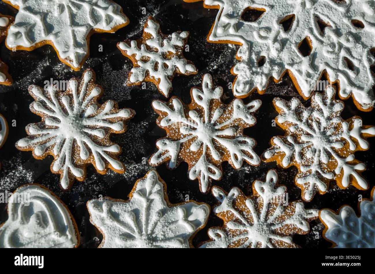 Snowflake Shaped Christmas Cookies with Icing Stock Photo