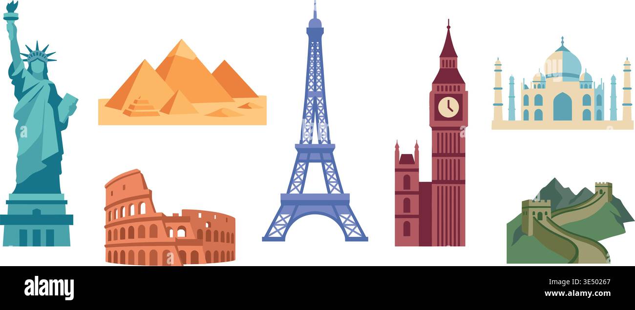vector of famous landmarks including statue of liberty pyramids eiffel tower colosseum big ben taj mahal great wall Stock Vector