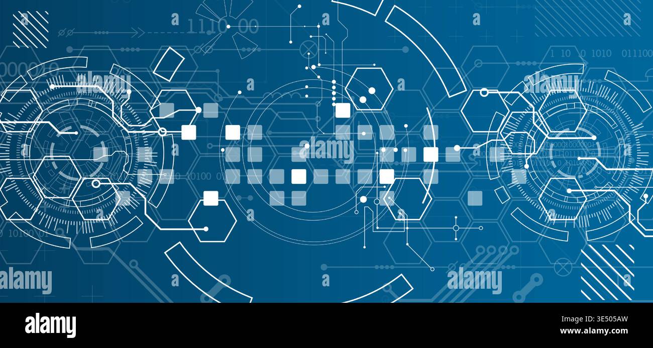 Technological background with various white elements in a drawing style on a blue background. Vector Stock Vector