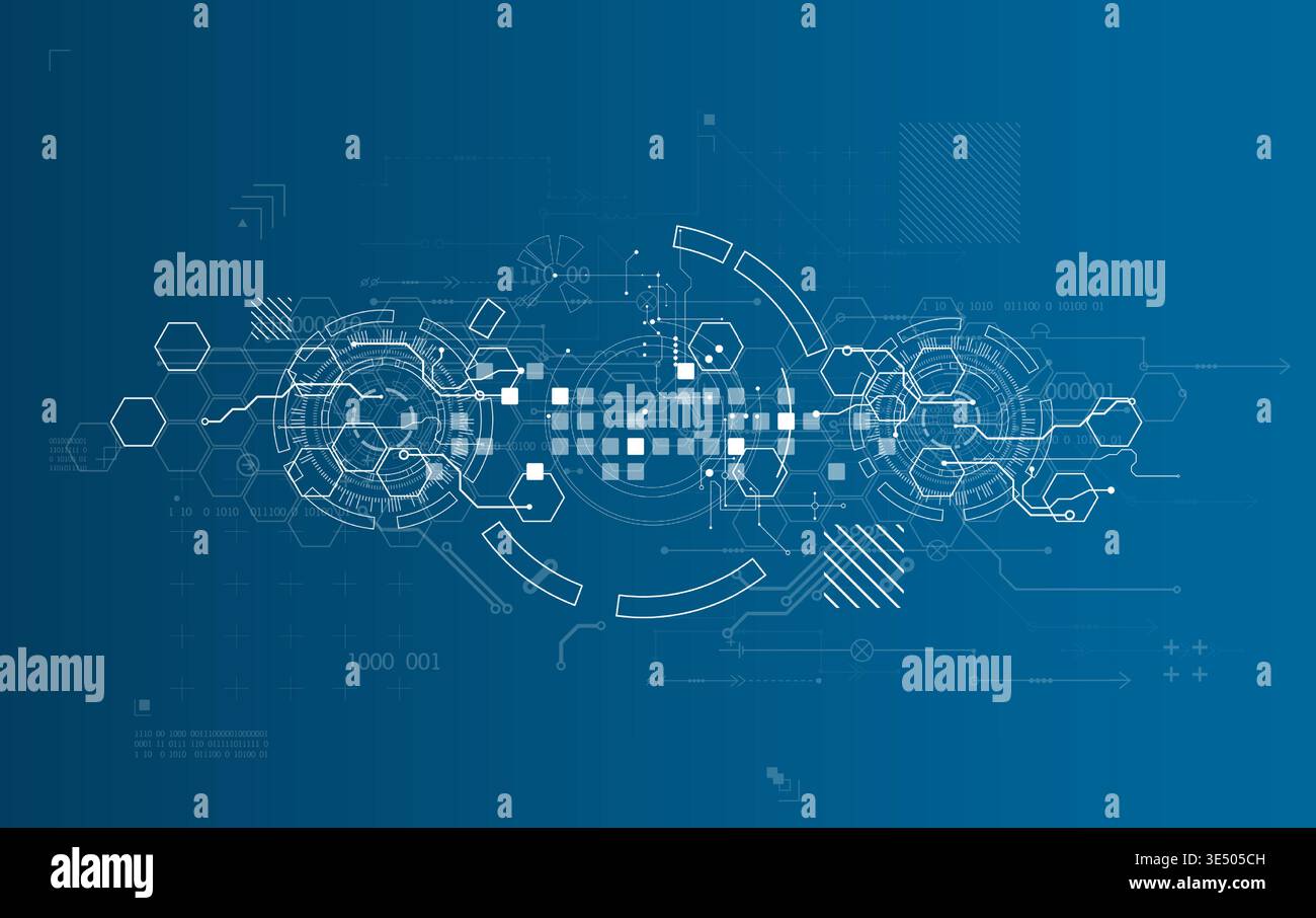 Technological background with various white elements in a drawing style on a blue background. Vector Stock Vector