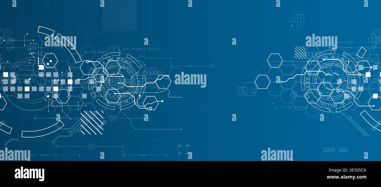 Technological background with various white elements in a drawing style on a blue background. Vector Stock Vector