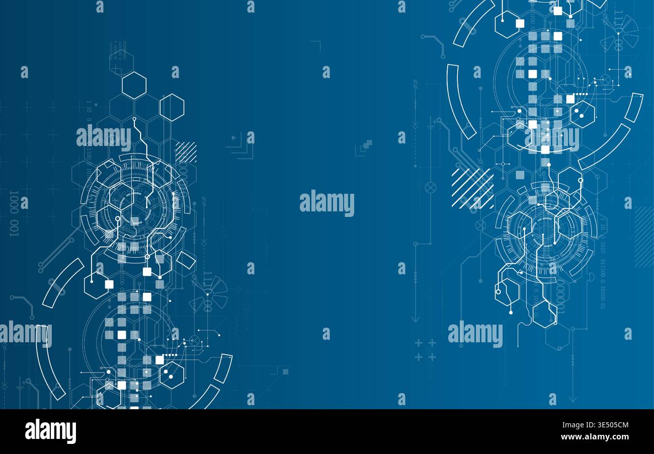 Technological background with various white elements in a drawing style on a blue background. Vector Stock Vector