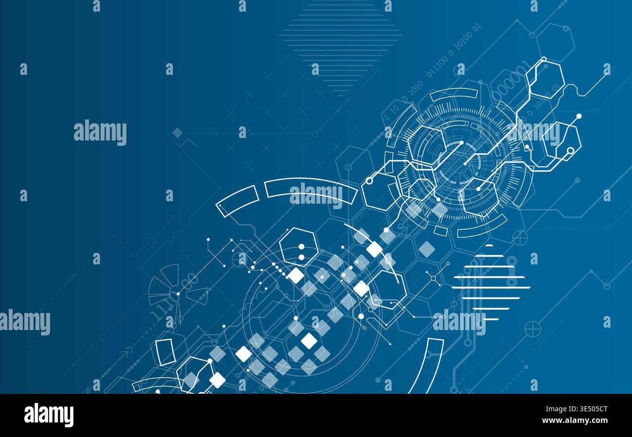 Technological background with various white elements in a drawing style on a blue background. Vector Stock Vector