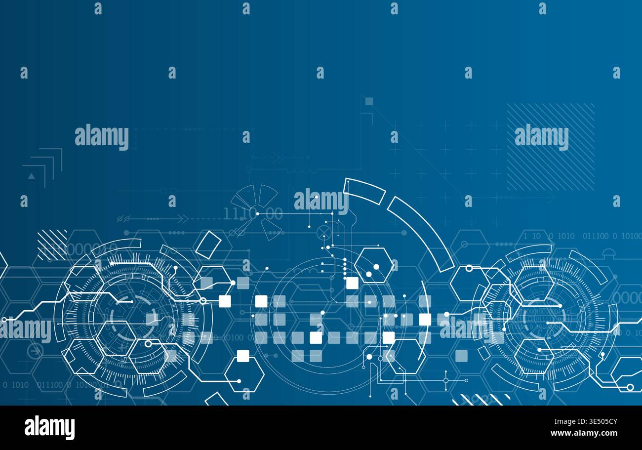 Technological background with various white elements in a drawing style on a blue background. Vector Stock Vector