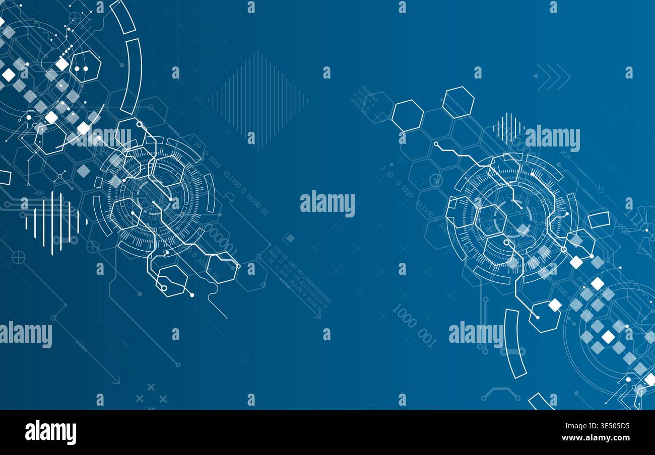 Technological background with various white elements in a drawing style on a blue background. Vector Stock Vector