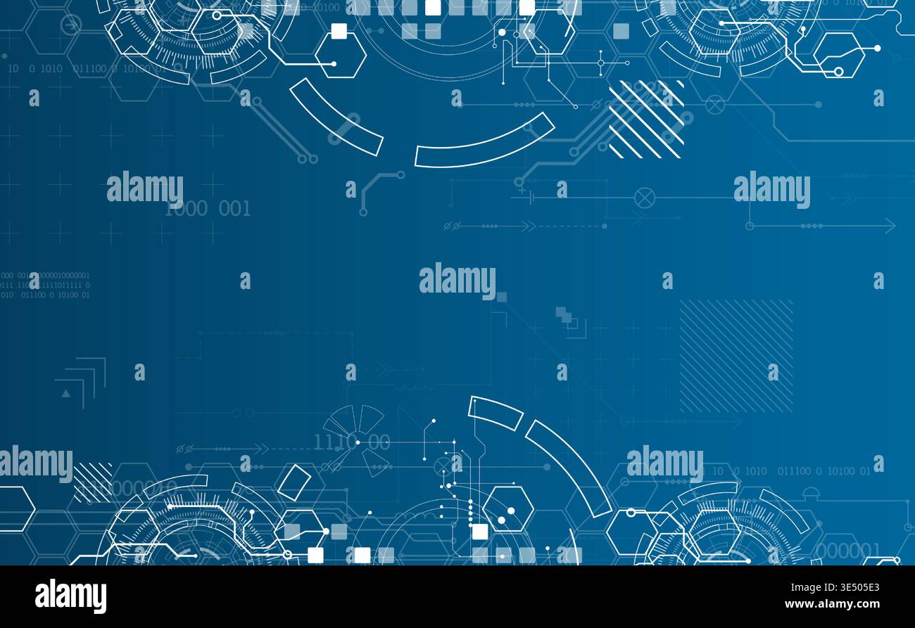 Technological background with various white elements in a drawing style on a blue background. Vector Stock Vector