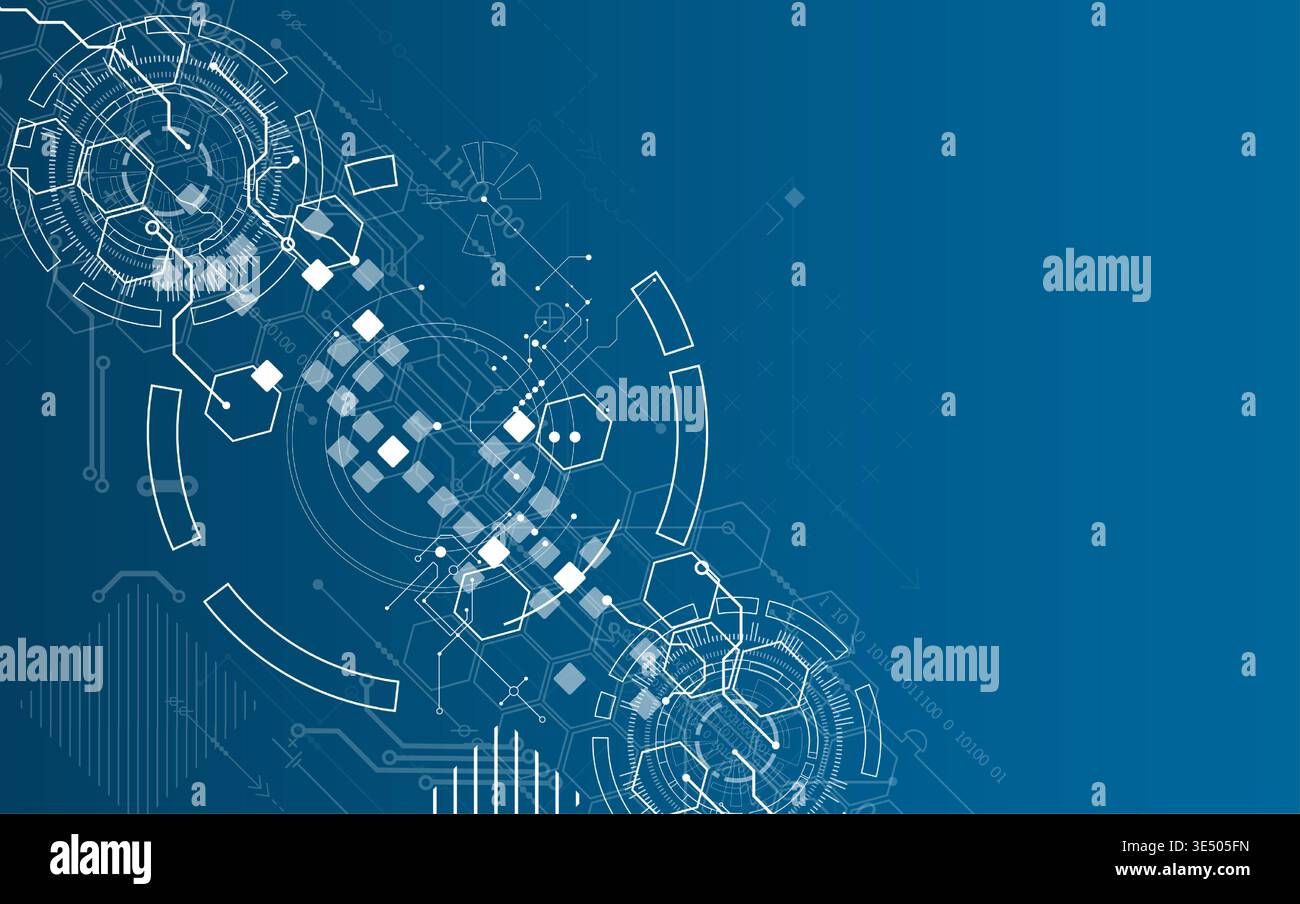 Technological background with various white elements in a drawing style on a blue background. Vector Stock Vector