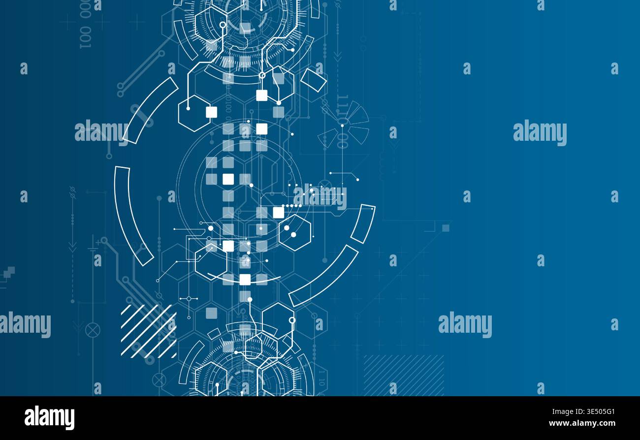 Technological background with various white elements in a drawing style on a blue background. Vector Stock Vector