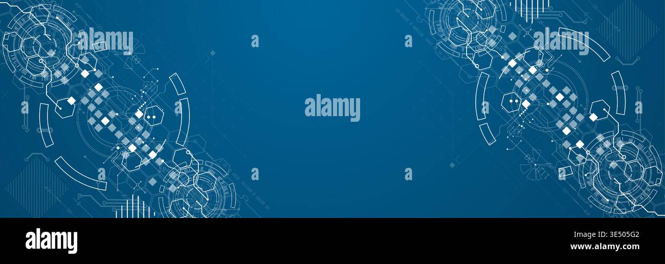 Technological background with various white elements in a drawing style on a blue background. Vector Stock Vector