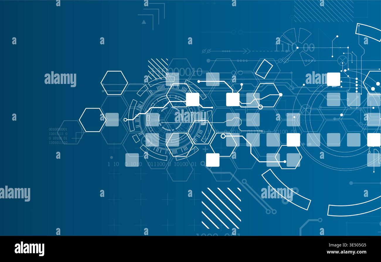 Technological background with various white elements in a drawing style on a blue background. Vector Stock Vector