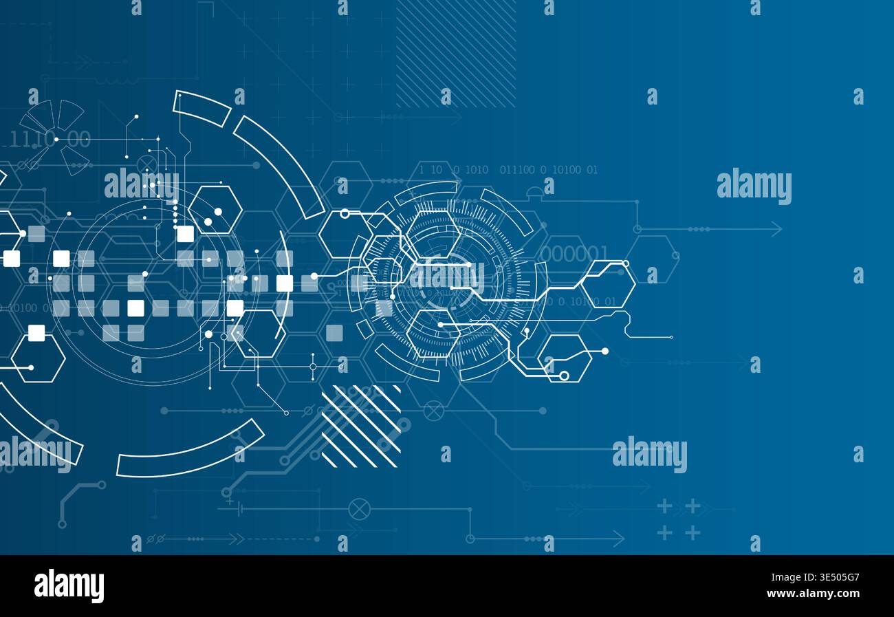Technological background with various white elements in a drawing style on a blue background. Vector Stock Vector