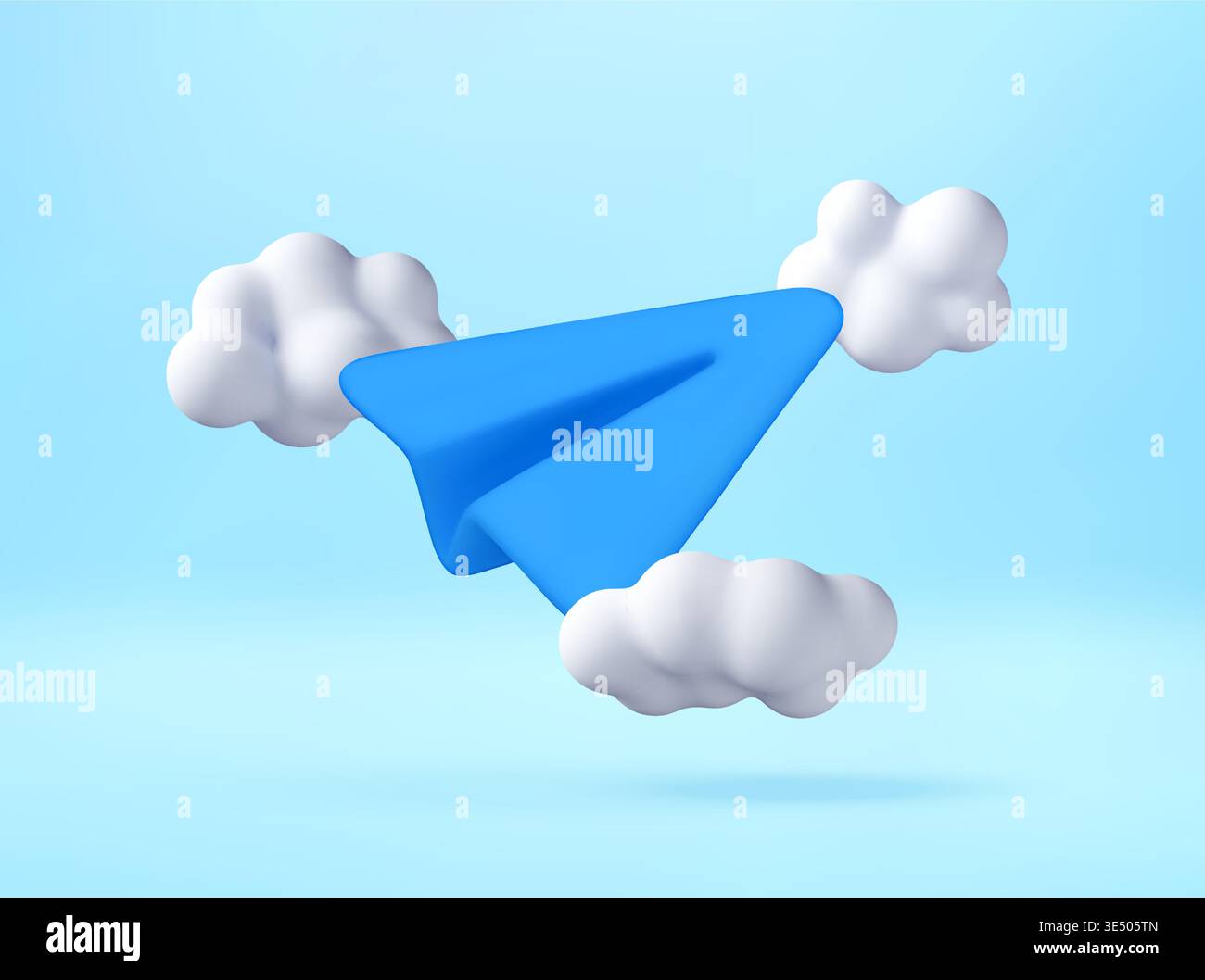 3D Blue paper plane flying among white clouds Stock Vector