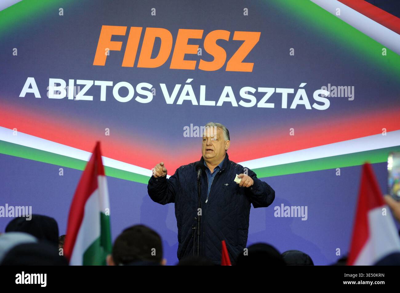 Hungary, Pecel, 28 March, 2026 : Viktor Orban, Prime Minister of Hungary, speaks during a campaign rally of the governing Fidesz Party. The rally is part of the Prime Minister's nationwide campaign trail before the Hungarian General Election scheduled for April 12   Photo © Giuseppe Lian/Sintesi/Alamy Live News Stock Photo