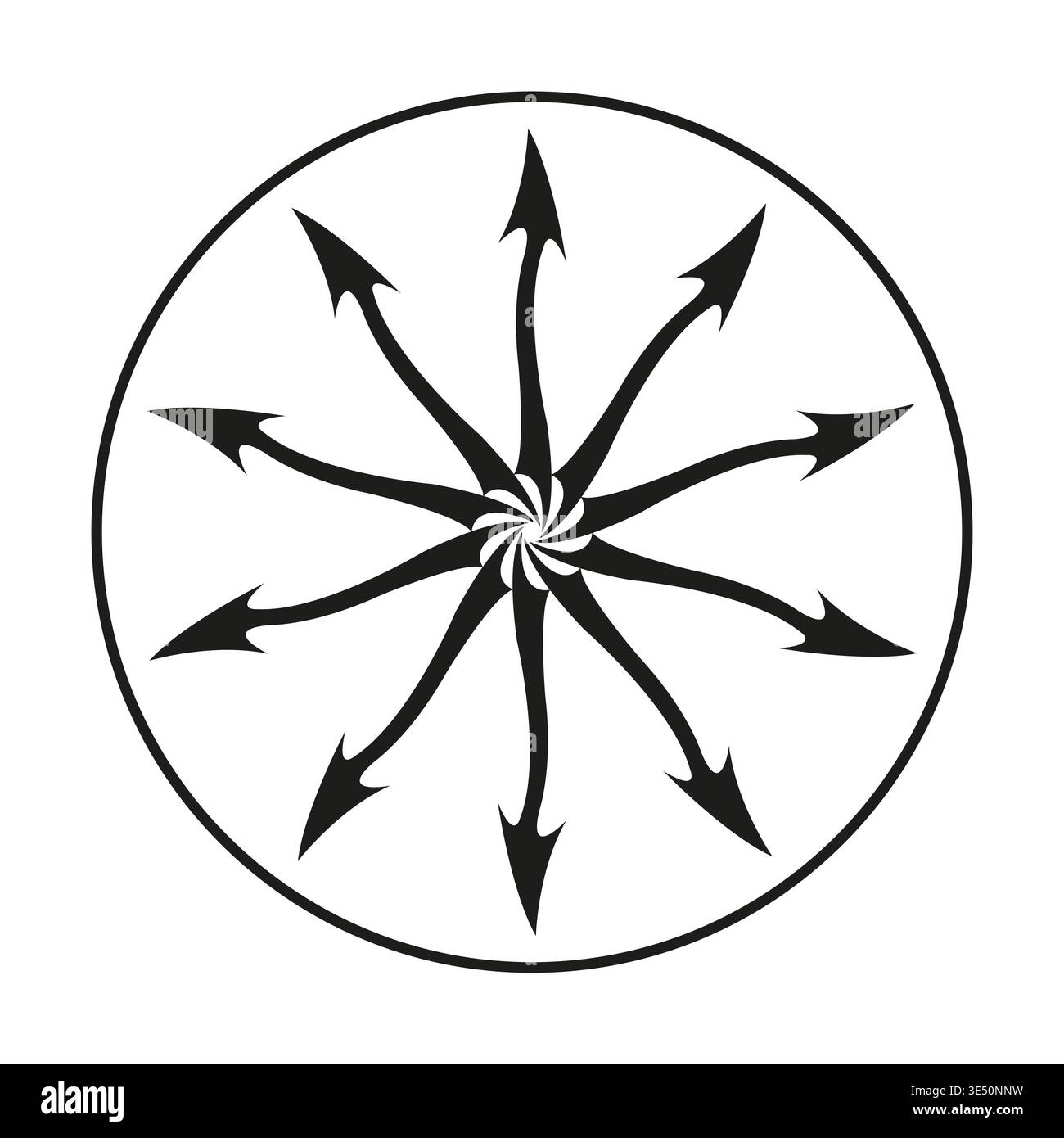 Radial arrow icon. Circle expansion Vector. Central burst symbol. Wavy direction detail. Manual vector only. No autotrace used. EPS 10. Stock Vector