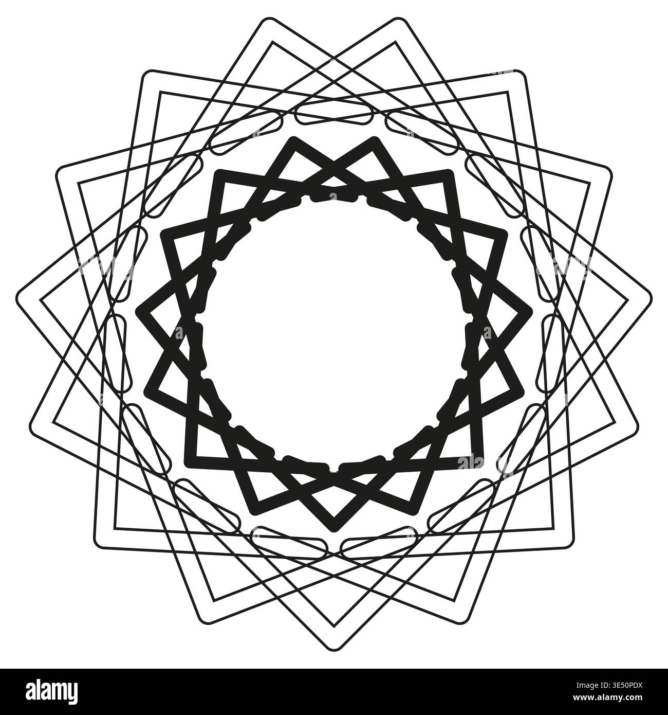 Square line mandala. Star shape Vector. Geometric outline ornament. Black thin stroke. Manual vector only. No autotrace used. EPS 10. Stock Vector