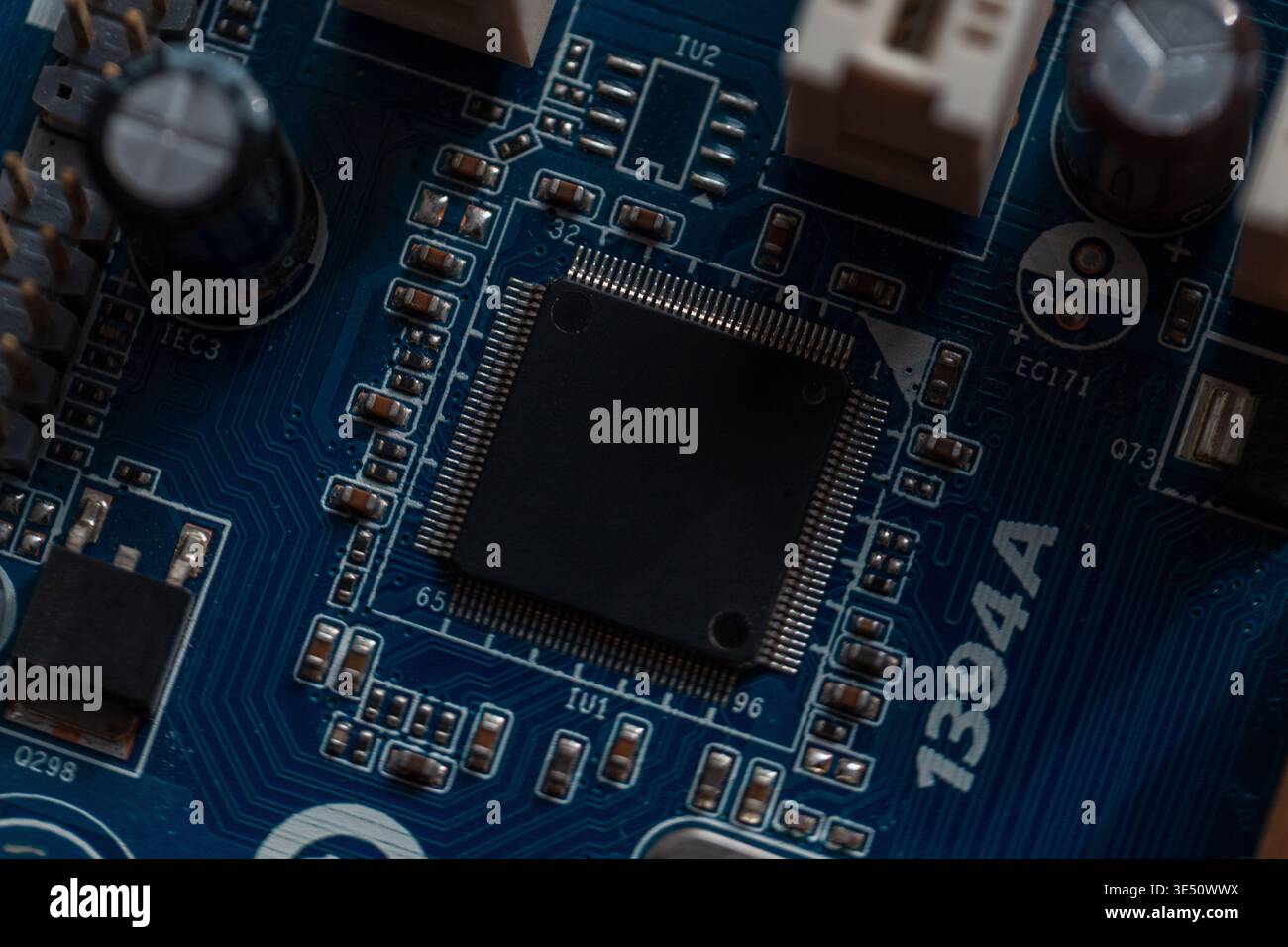 Chip and computer hardware, close-up. Motherboard with transistors Stock Photo