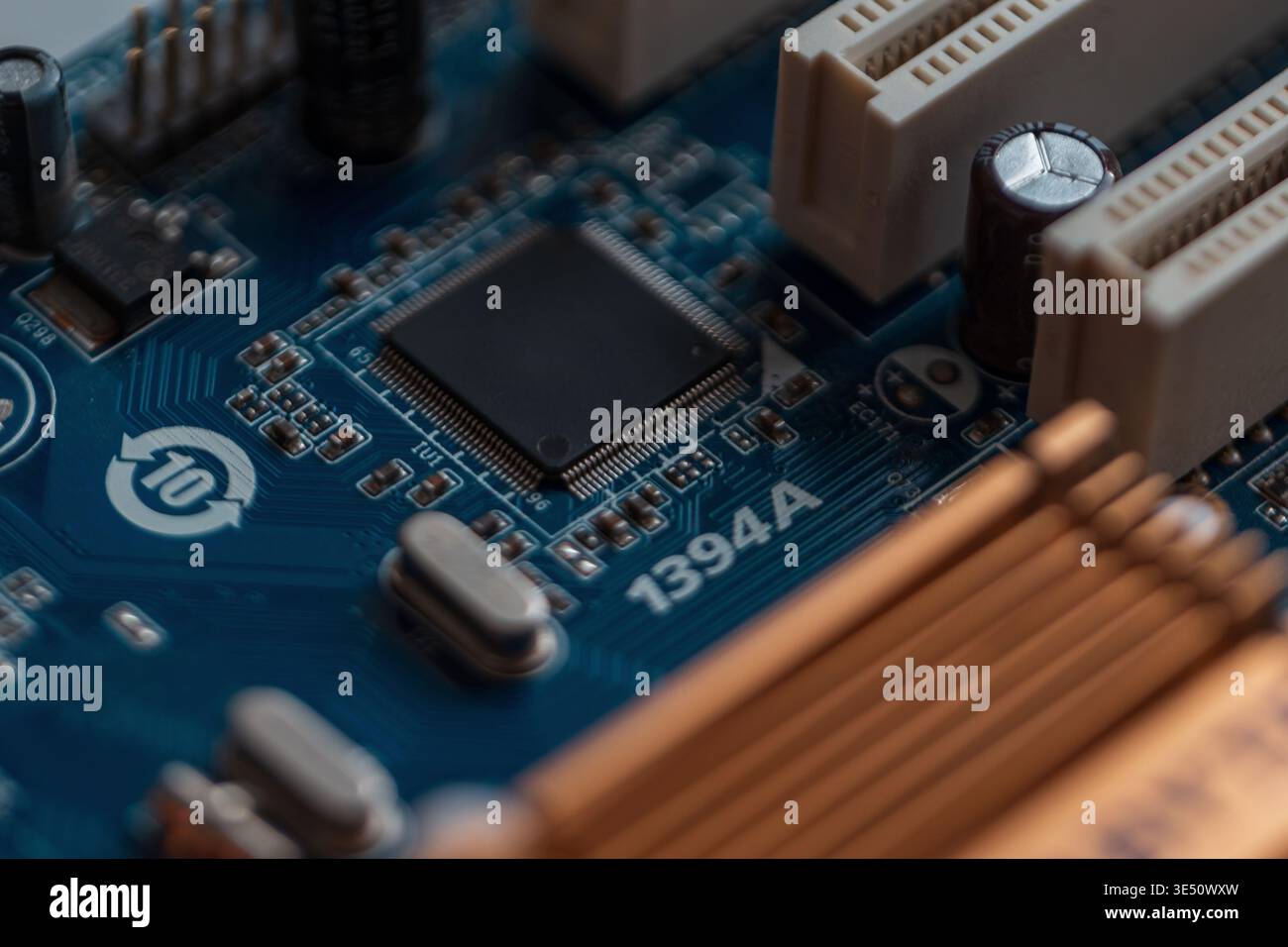 Technology, computer board with chips and transistors, concept. Ai and hardware. Silicon Stock Photo